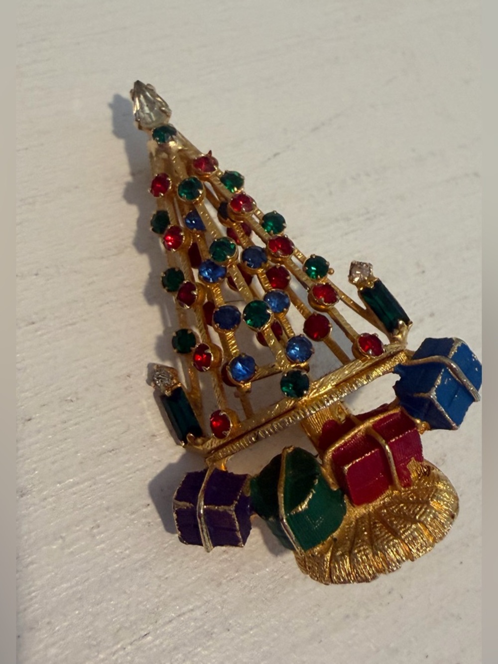 Warner Multicolored Rhinestone Christmas Tree Brooch with Packages
